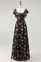 Laden Sie das Bild in den Galerie-Viewer, Schwarzes Rosa Geblümtes A-Linie Brautjungfernkleid mit quadratischem Ausschnitt und kurzen Ärmeln