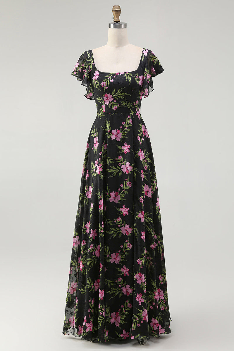 Laden Sie das Bild in den Galerie-Viewer, Schwarzes Rosa Geblümtes A-Linie Brautjungfernkleid mit quadratischem Ausschnitt und kurzen Ärmeln