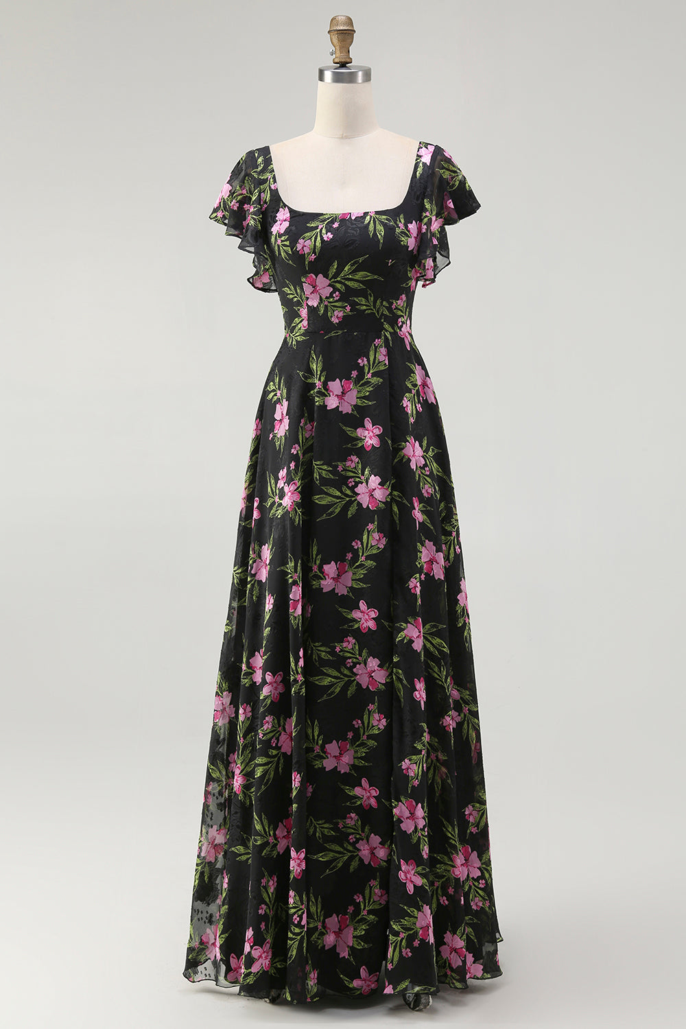 Schwarzes Rosa Geblümtes A-Linie Brautjungfernkleid mit quadratischem Ausschnitt und kurzen Ärmeln
