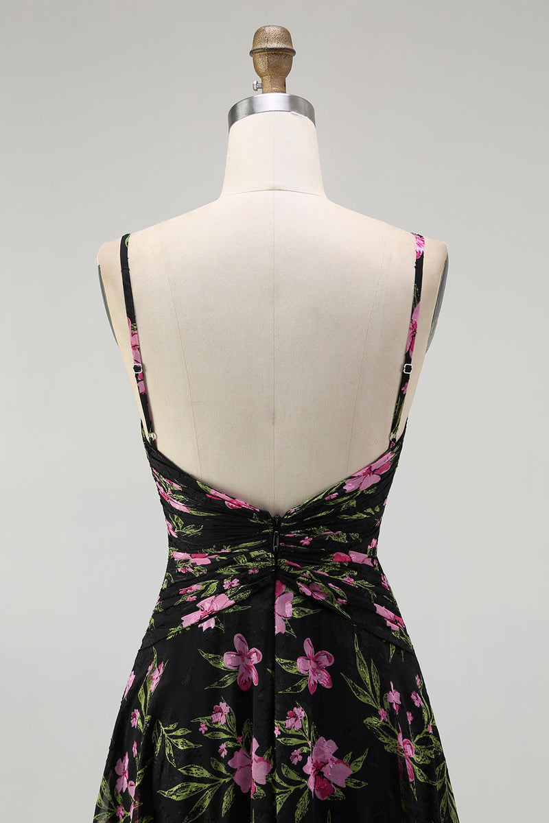 Laden Sie das Bild in den Galerie-Viewer, Schwarzes Rosa Geblümtes Spaghettiträger A-Linie Brautjungfernkleid