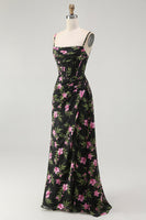 Laden Sie das Bild in den Galerie-Viewer, Schwarzes Rosa Geblümtes Spaghettiträger Korsett A-Linie Langes Brautjungfernkleid