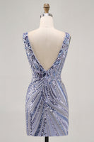 Laden Sie das Bild in den Galerie-Viewer, Glitzerndes Flieder Paillettenkleid V-Ausschnitt Bodycon Partykleid