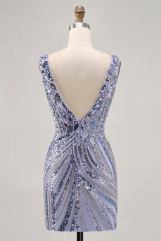 Glitzerndes Flieder Paillettenkleid V-Ausschnitt Bodycon Partykleid