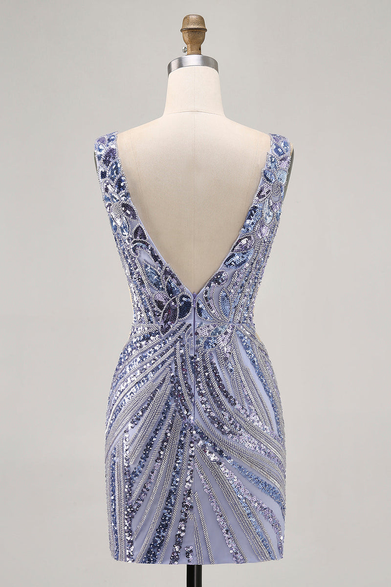 Laden Sie das Bild in den Galerie-Viewer, Glitzerndes Flieder Paillettenkleid V-Ausschnitt Bodycon Partykleid