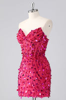 Laden Sie das Bild in den Galerie-Viewer, Glitzerndes Fuchsia Kurzes Trägerloses Enges Korsett Pailletten Cocktailkleid mit Perlenstickerei