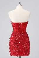 Laden Sie das Bild in den Galerie-Viewer, Glitzerndes Fuchsia Kurzes Trägerloses Enges Korsett Pailletten Cocktailkleid mit Perlenstickerei