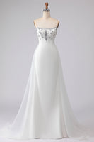 Laden Sie das Bild in den Galerie-Viewer, Weißes Perlenbesetztes Satin Hochzeitskleid in A-Linie