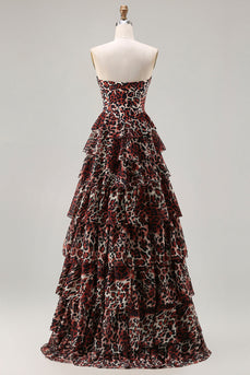 Braunes Leopard A-Linie Herzausschnitt Korsett Gestuftes Langes Ballkleid mit Rüschen