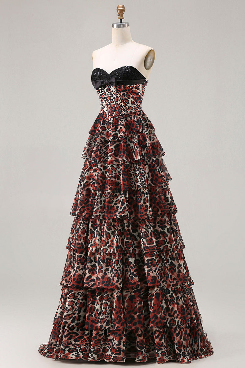Laden Sie das Bild in den Galerie-Viewer, Braunes Leopard A-Linie Herzausschnitt Korsett Gestuftes Langes Ballkleid mit Rüschen