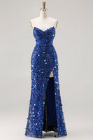 Laden Sie das Bild in den Galerie-Viewer, Glitzerndes Goldenes Trägerloses Pailletten Scheide Übergröße Langes Ballkleid mit Schlitz