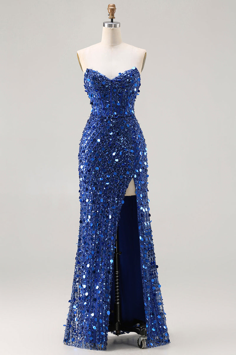 Laden Sie das Bild in den Galerie-Viewer, Glitzerndes Goldenes Trägerloses Pailletten Scheide Übergröße Langes Ballkleid mit Schlitz