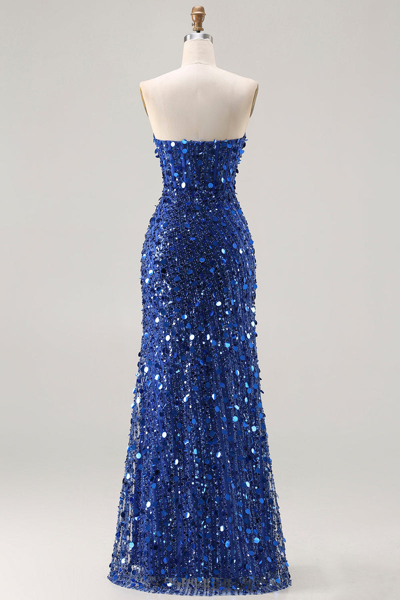 Laden Sie das Bild in den Galerie-Viewer, Glitzerndes Goldenes Trägerloses Pailletten Scheide Übergröße Langes Ballkleid mit Schlitz