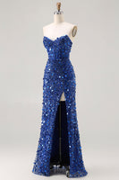 Laden Sie das Bild in den Galerie-Viewer, Glitzerndes Goldenes Trägerloses Pailletten Scheide Übergröße Langes Ballkleid mit Schlitz