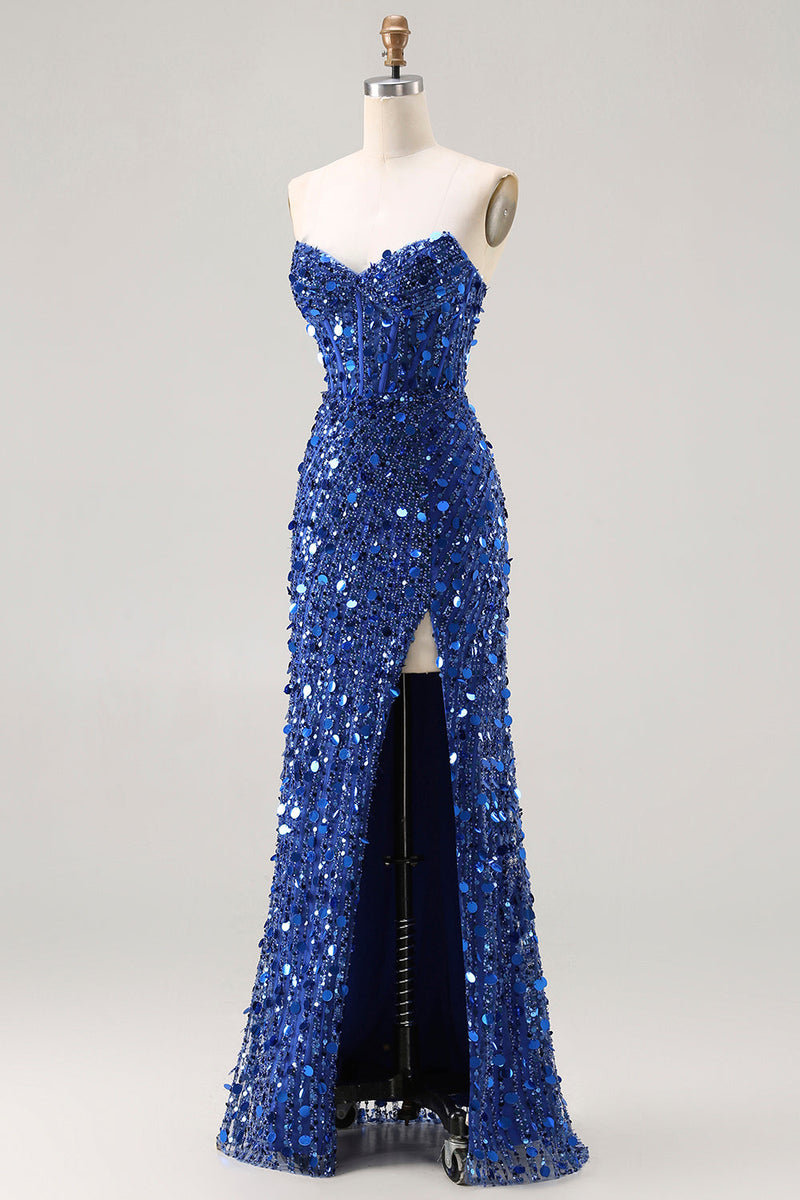 Laden Sie das Bild in den Galerie-Viewer, Glitzerndes Goldenes Trägerloses Pailletten Scheide Übergröße Langes Ballkleid mit Schlitz