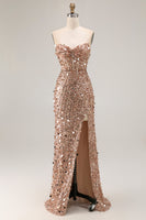 Laden Sie das Bild in den Galerie-Viewer, Glitzerndes Goldenes Trägerloses Pailletten Scheide Übergröße Langes Ballkleid mit Schlitz