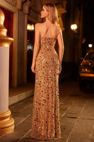 Laden Sie das Bild in den Galerie-Viewer, Glitzerndes Blaues Trägerloses Pailletten Korsett Langes Ballkleid mit Schlitz