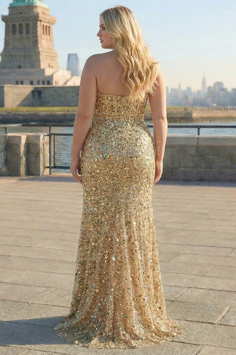 Laden Sie das Bild in den Galerie-Viewer, Glitzerndes Goldenes Trägerloses Pailletten Scheide Übergröße Langes Ballkleid mit Schlitz