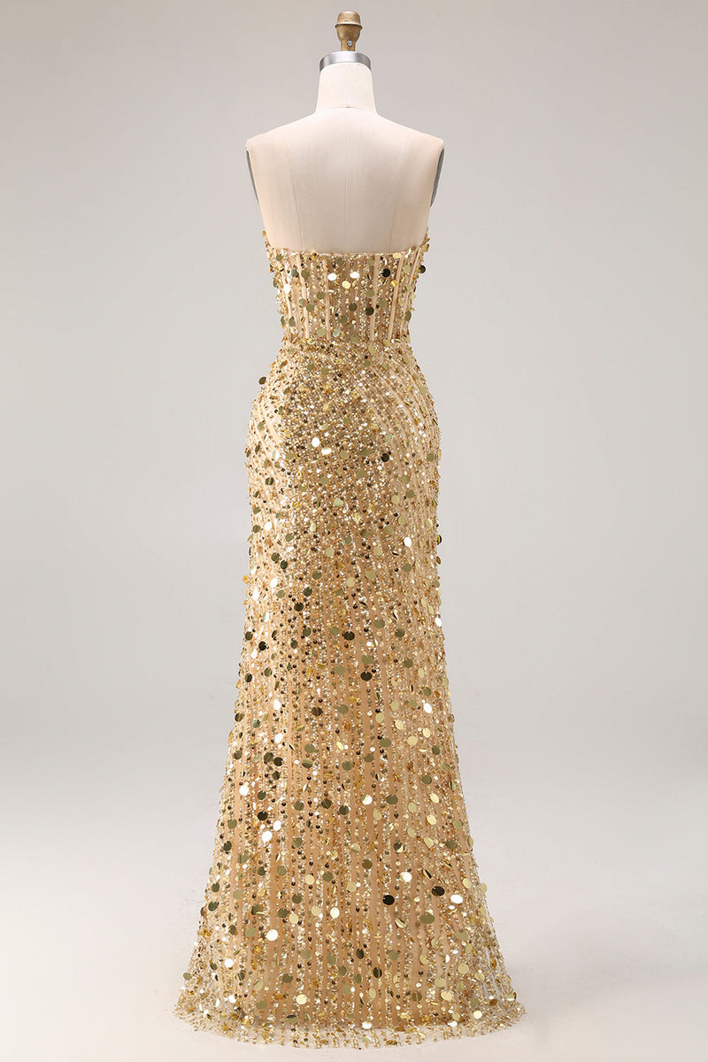 Laden Sie das Bild in den Galerie-Viewer, Glitzerndes Goldenes Trägerloses Pailletten Scheide Übergröße Langes Ballkleid mit Schlitz