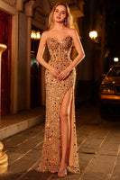 Laden Sie das Bild in den Galerie-Viewer, Glitzerndes Rotes Trägerloses Pailletten Korsett Langes Ballkleid mit Schlitz