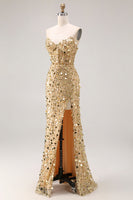 Laden Sie das Bild in den Galerie-Viewer, Glitzerndes Goldenes Trägerloses Pailletten Scheide Übergröße Langes Ballkleid mit Schlitz