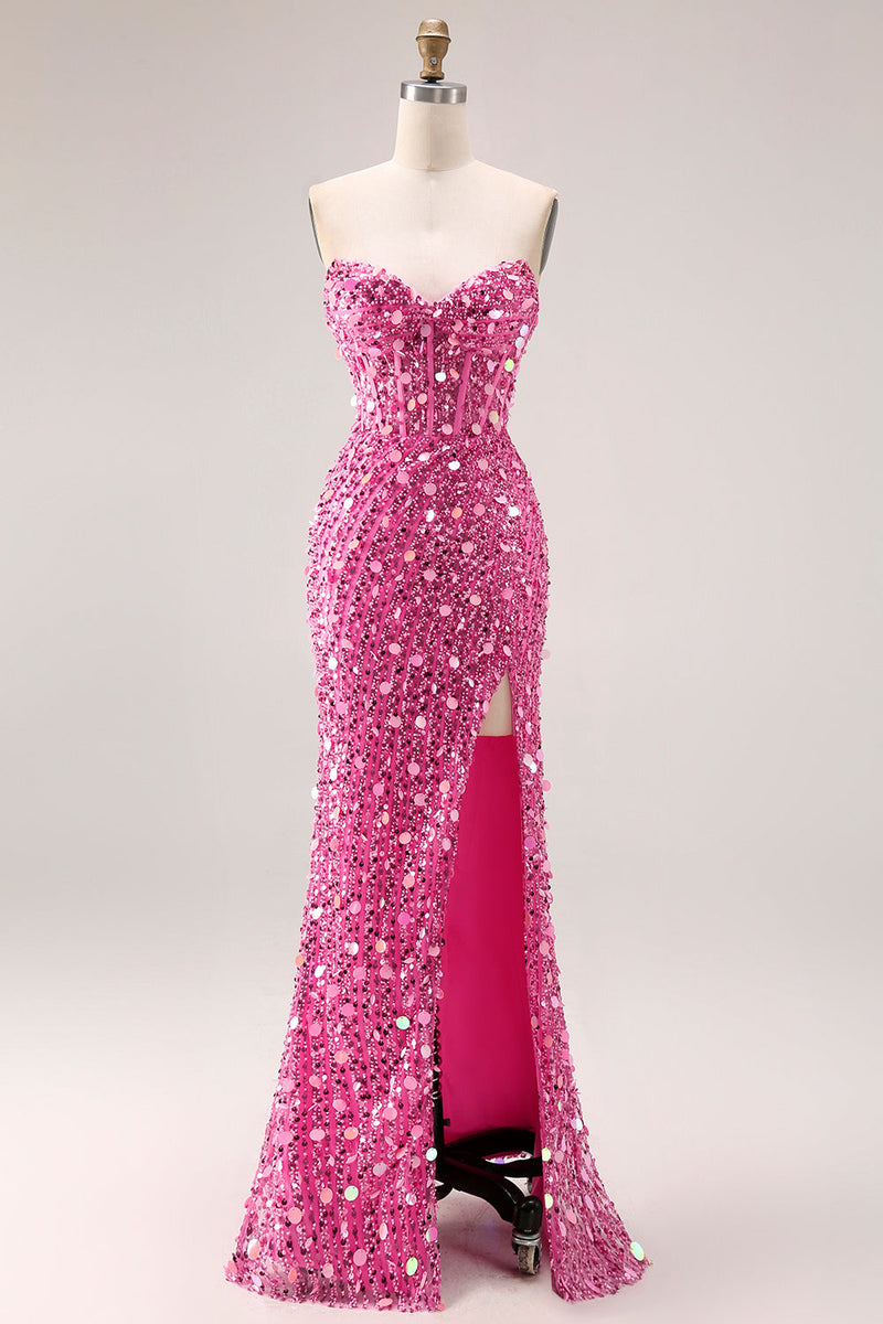 Laden Sie das Bild in den Galerie-Viewer, Glitzerndes Goldenes Trägerloses Pailletten Scheide Übergröße Langes Ballkleid mit Schlitz
