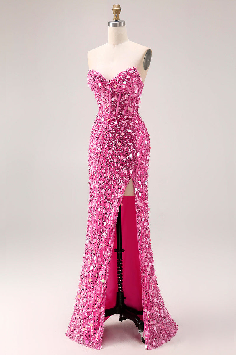 Laden Sie das Bild in den Galerie-Viewer, Glitzerndes Goldenes Trägerloses Pailletten Scheide Übergröße Langes Ballkleid mit Schlitz