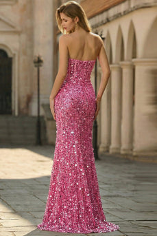 Glitzerndes Rosa Trägerloses Pailletten Langes Ballkleid mit Schlitz
