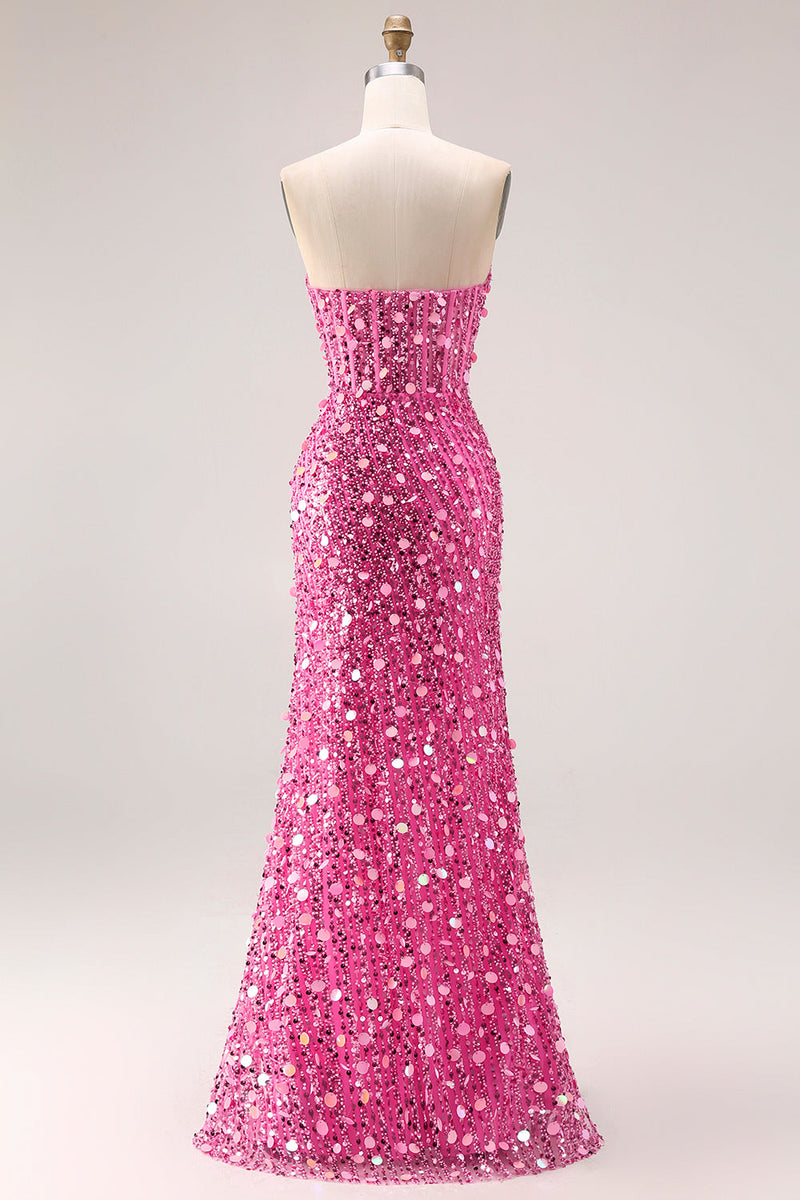 Laden Sie das Bild in den Galerie-Viewer, Glitzerndes Goldenes Trägerloses Pailletten Scheide Übergröße Langes Ballkleid mit Schlitz