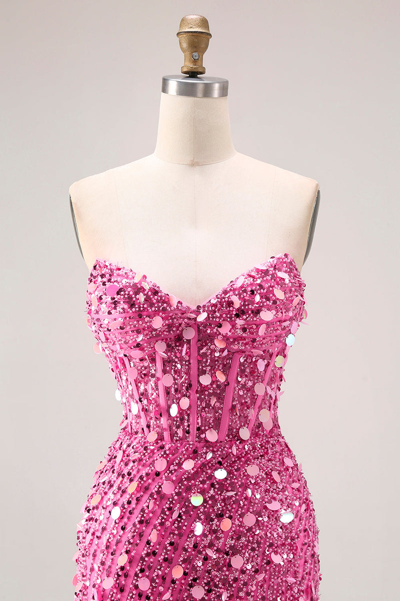 Laden Sie das Bild in den Galerie-Viewer, Glitzerndes Trägerloses Korsett Langes Rosa Ballkleid mit Schlitz
