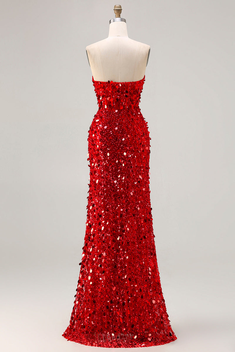 Laden Sie das Bild in den Galerie-Viewer, Glitzerndes Goldenes Trägerloses Pailletten Scheide Übergröße Langes Ballkleid mit Schlitz