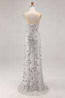 Laden Sie das Bild in den Galerie-Viewer, Glitzerndes Goldenes Trägerloses Pailletten Scheide Übergröße Langes Ballkleid mit Schlitz