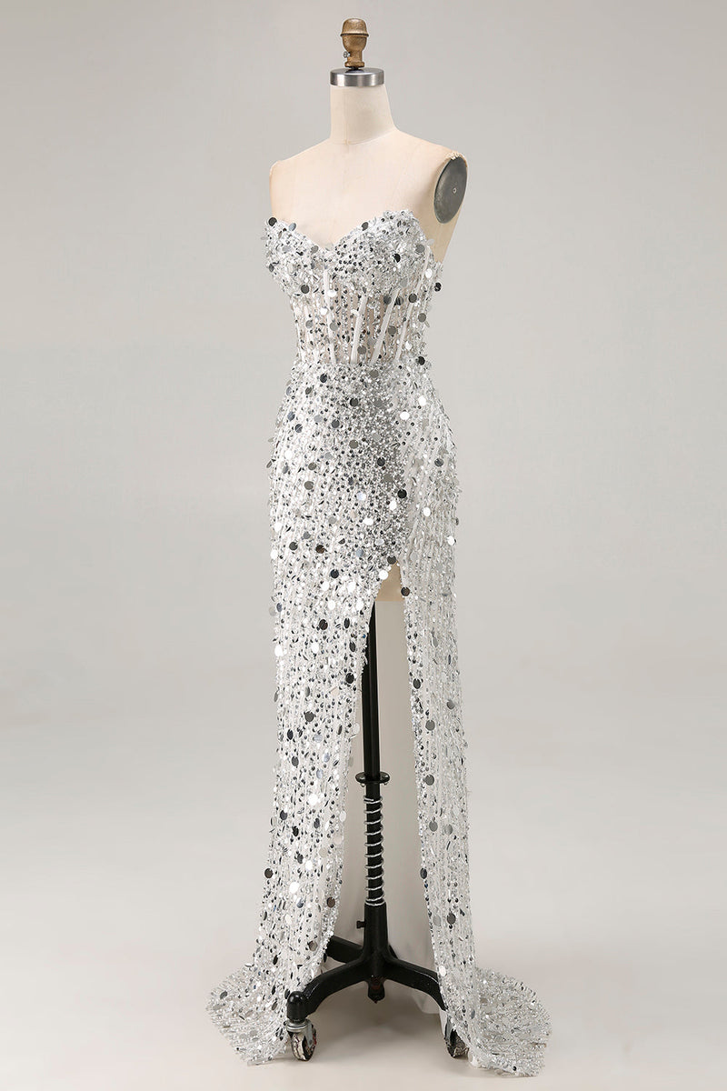 Laden Sie das Bild in den Galerie-Viewer, Glitzerndes Goldenes Trägerloses Pailletten Scheide Übergröße Langes Ballkleid mit Schlitz