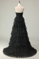 Laden Sie das Bild in den Galerie-Viewer, Schwarzes Trägerloses A-Linie Ballkleid mit gestuften Rüschen und Polka Dots mit Schlitz