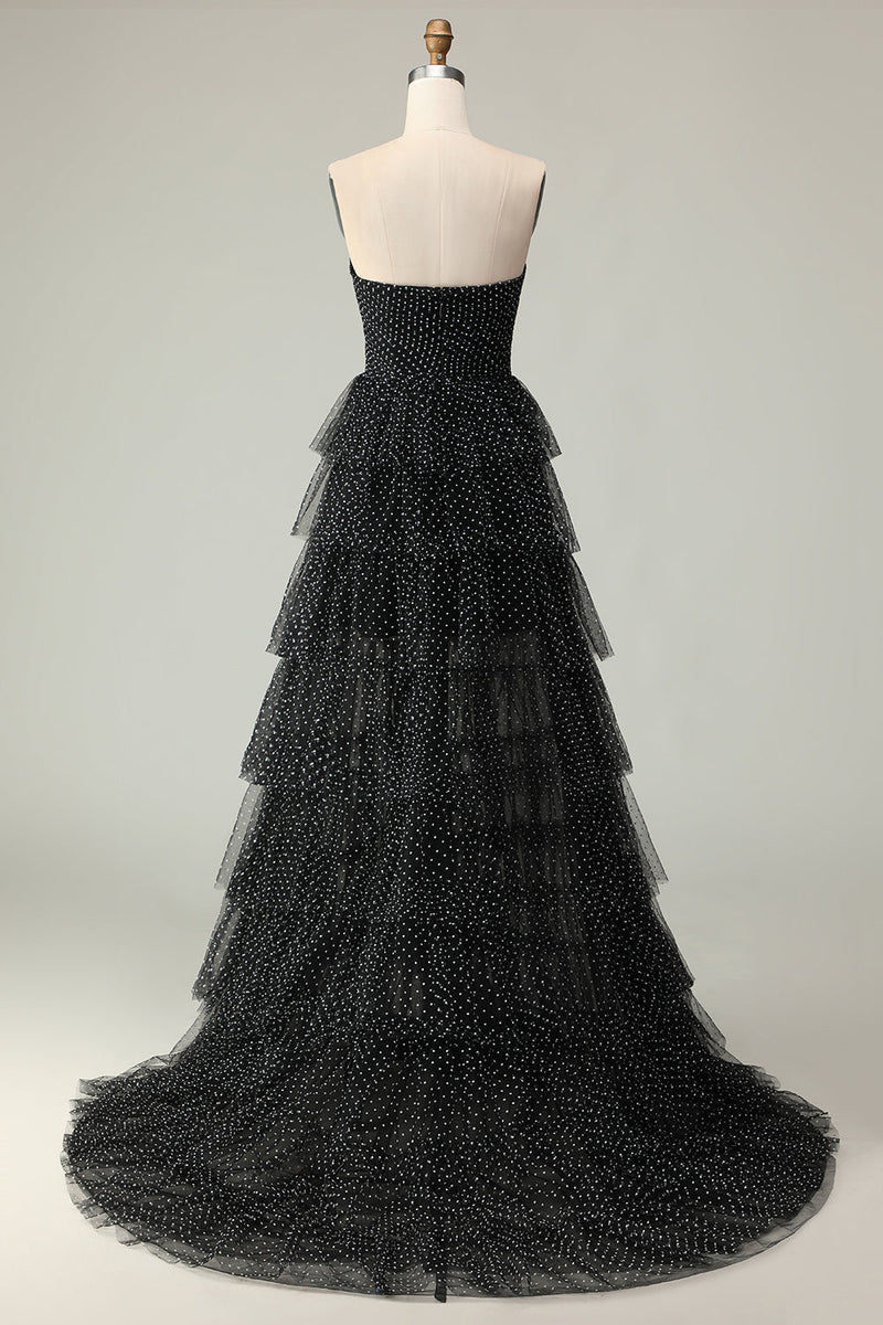 Laden Sie das Bild in den Galerie-Viewer, Schwarzes Trägerloses A-Linie Rüschen Polka-Dots Abendkleid mit Schlitz