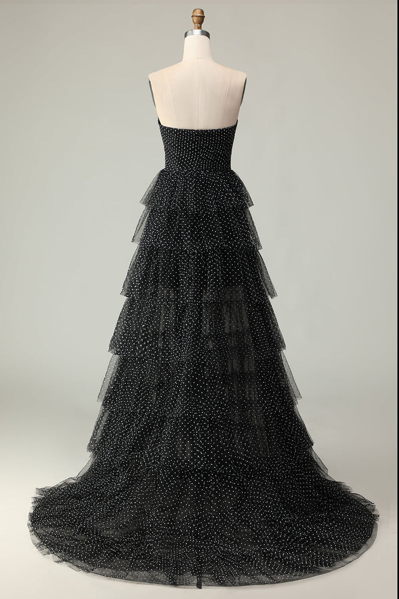 Laden Sie das Bild in den Galerie-Viewer, Hellgrünes A-Linie Trägerloses Gestuftes Brautjungfernkleid mit Polka Polka Dots und Rüschen und Schlitz