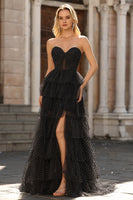 Laden Sie das Bild in den Galerie-Viewer, Schwarzes Trägerloses A-Linie Rüschen Polka-Dots Abendkleid mit Schlitz