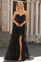 Laden Sie das Bild in den Galerie-Viewer, Schwarzes Trägerloses A-Linie Rüschen Polka-Dots Abendkleid mit Schlitz