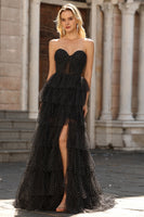 Laden Sie das Bild in den Galerie-Viewer, Schwarzes Trägerloses A-Linie Rüschen Polka-Dots Abendkleid mit Schlitz