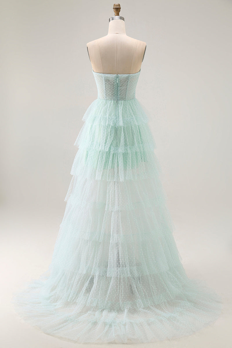 Laden Sie das Bild in den Galerie-Viewer, Schwarzes Trägerloses A-Linie Ballkleid mit gestuften Rüschen und Polka Dots mit Schlitz