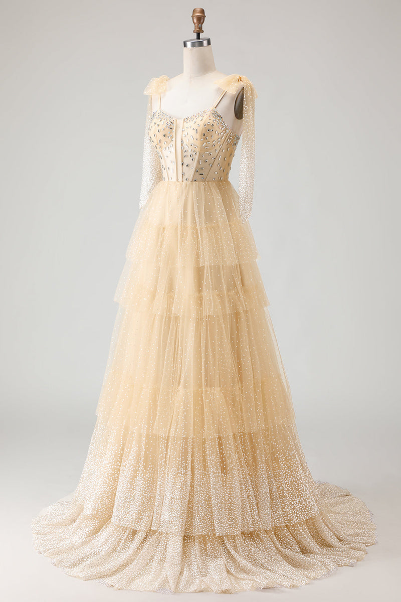 Laden Sie das Bild in den Galerie-Viewer, Aprikosen Korsett Perlen Besetztes Rüschen Langes Ballkleid mit Schnürung Rücken