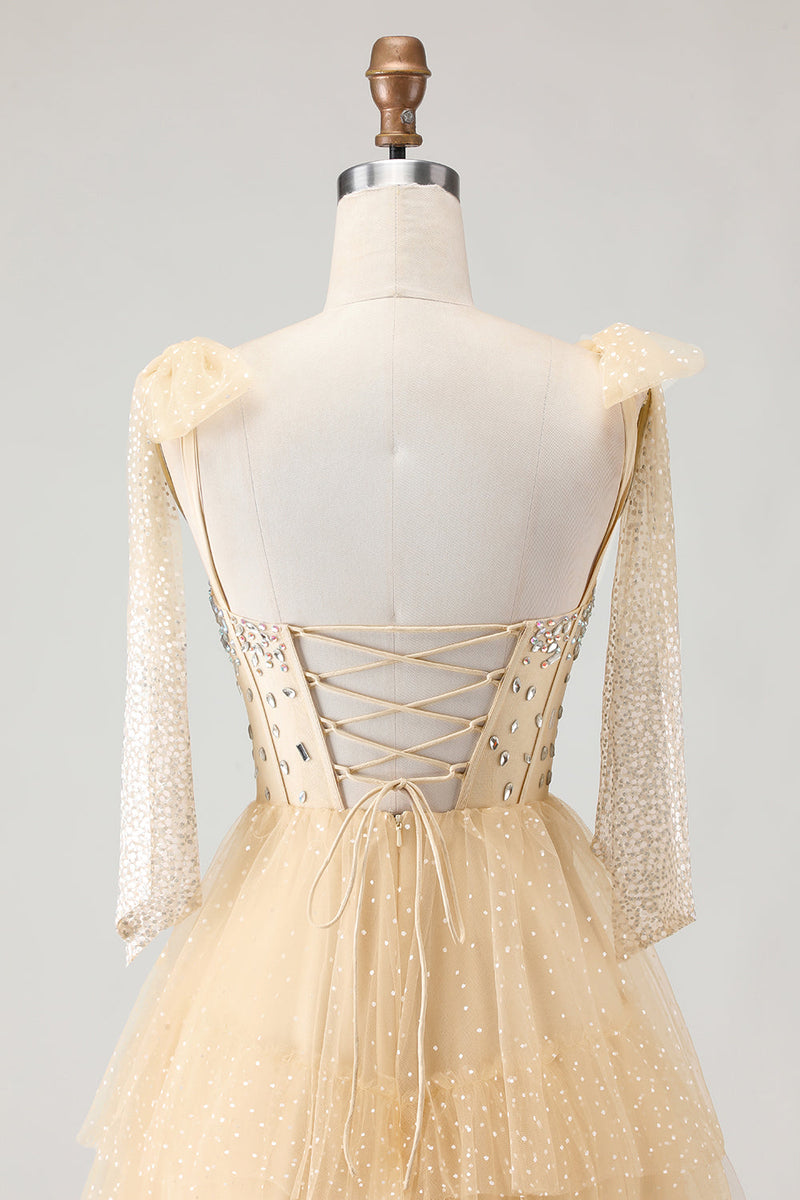 Laden Sie das Bild in den Galerie-Viewer, Aprikosen Korsett Perlen Besetztes Rüschen Langes Ballkleid mit Schnürung Rücken