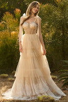 Laden Sie das Bild in den Galerie-Viewer, Champagner Korsett A-Linie Langes Ballkleid mit Rüschen und Schnürung