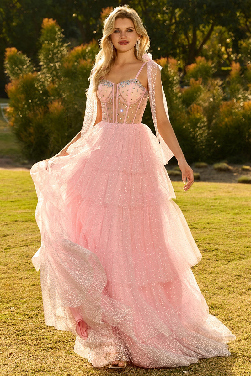 Laden Sie das Bild in den Galerie-Viewer, Rosa A-Linie Langes Ballkleid mit Rüschen und Schnürung