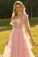 Laden Sie das Bild in den Galerie-Viewer, Rosa A-Linie Langes Ballkleid mit Rüschen und Schnürung