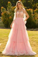 Laden Sie das Bild in den Galerie-Viewer, Rosa A-Linie Langes Ballkleid mit Rüschen und Schnürung
