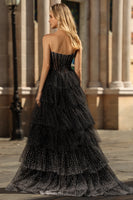 Laden Sie das Bild in den Galerie-Viewer, Rotes Korsett A-Linie Herzausschnitt Gestuftes Polka-Dots Langes Ballleid mit Rüschen