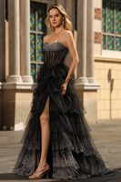 Laden Sie das Bild in den Galerie-Viewer, Schwarz Weißes Korsett A-Linie Herzausschnitt Gestuftes Polka-Dots Langes Ballkleid mit Rüschen