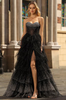 Laden Sie das Bild in den Galerie-Viewer, Schwarz Weißes Korsett A-Linie Herzausschnitt Gestuftes Polka-Dots Langes Ballkleid mit Rüschen