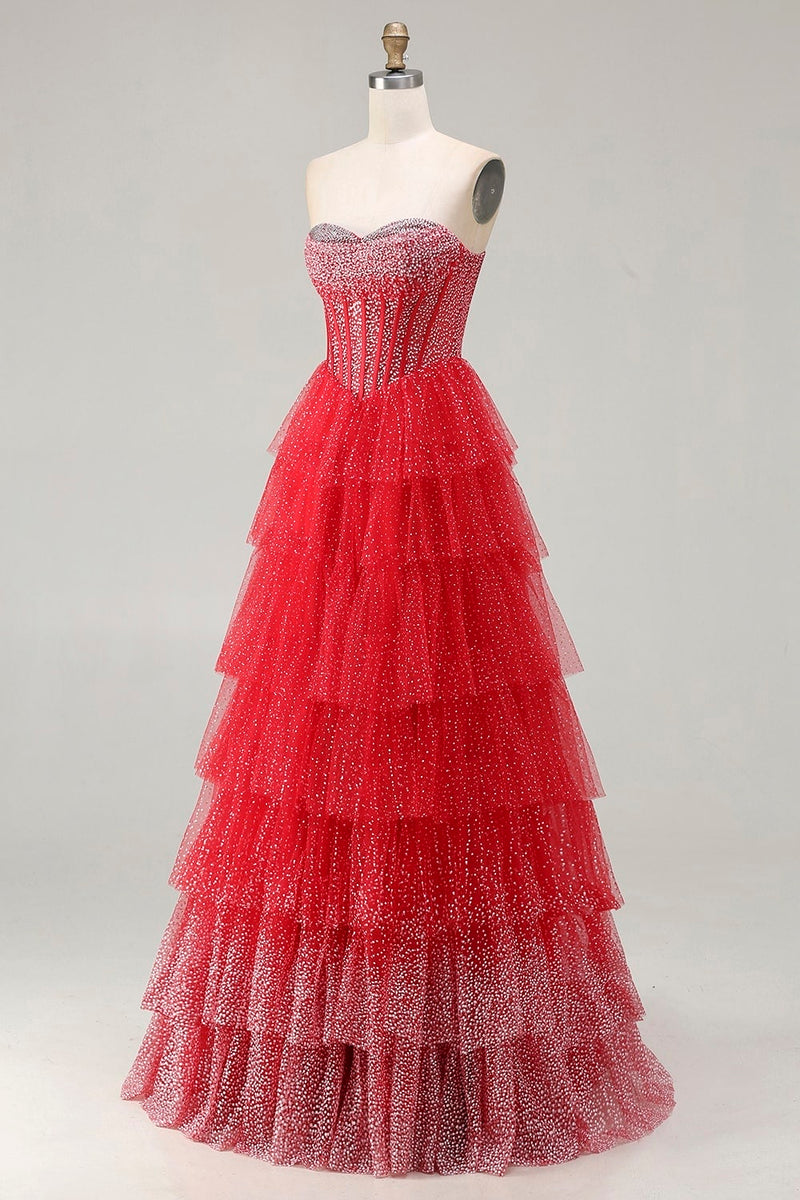 Laden Sie das Bild in den Galerie-Viewer, Rotes Korsett A-Linie Herzausschnitt Gestuftes Polka-Dots Langes Ballleid mit Rüschen