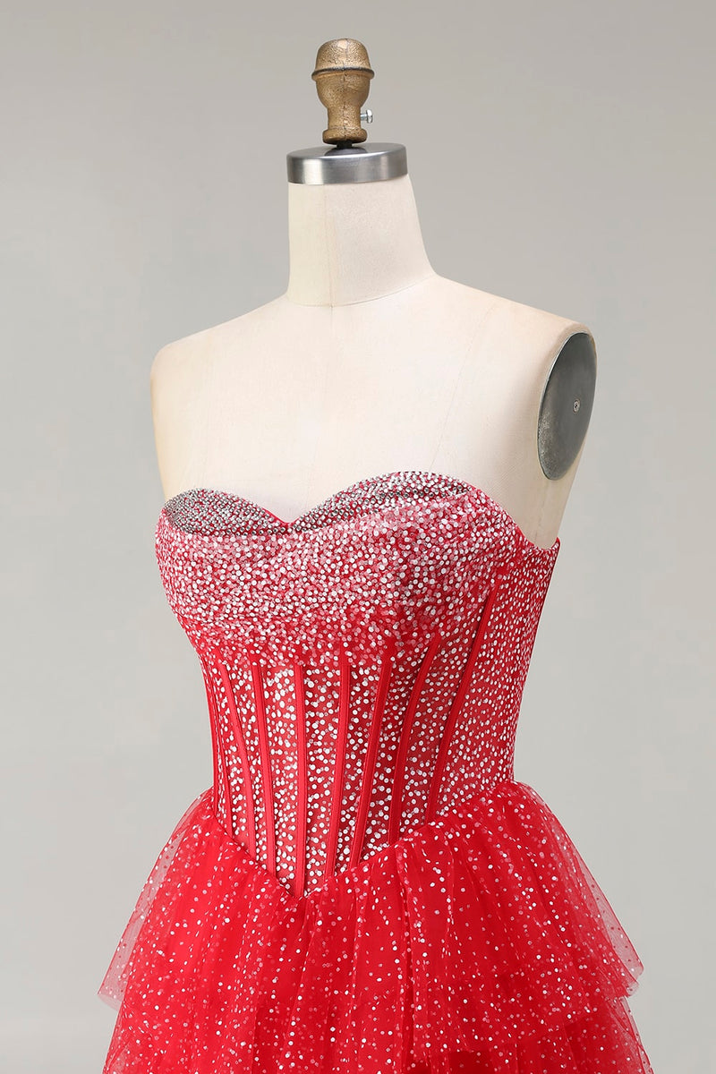 Laden Sie das Bild in den Galerie-Viewer, Schwarz-Weißes Korsett A Linie Herzausschnitt Gestuftes Polka Dots Langes Ballkleid mit Rüschen